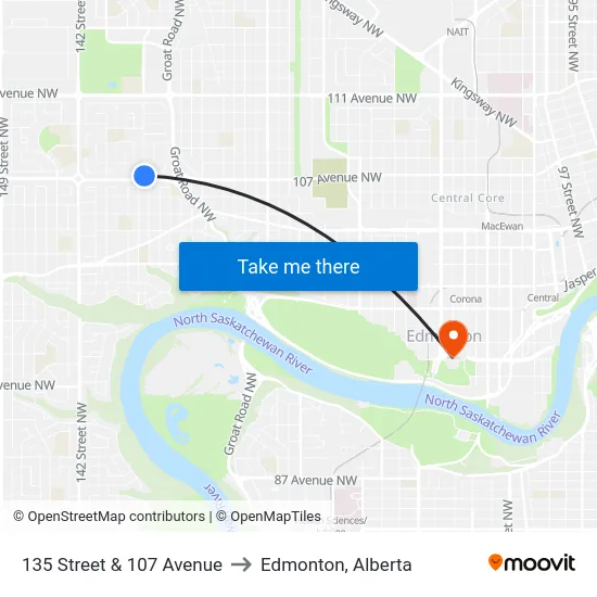 135 Street & 107 Avenue to Edmonton, Alberta map