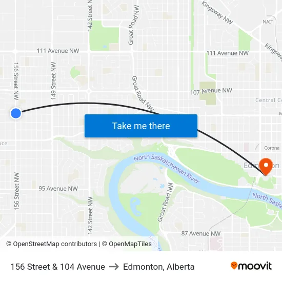 156 Street & 104 Avenue to Edmonton, Alberta map