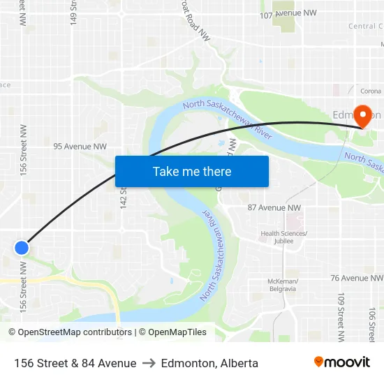 156 Street & 84 Avenue to Edmonton, Alberta map