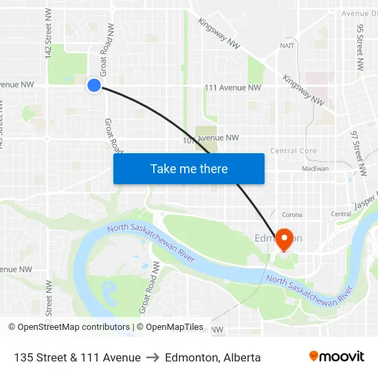 135 Street & 111 Avenue to Edmonton, Alberta map