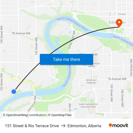 151 Street & Rio Terrace Drive to Edmonton, Alberta map
