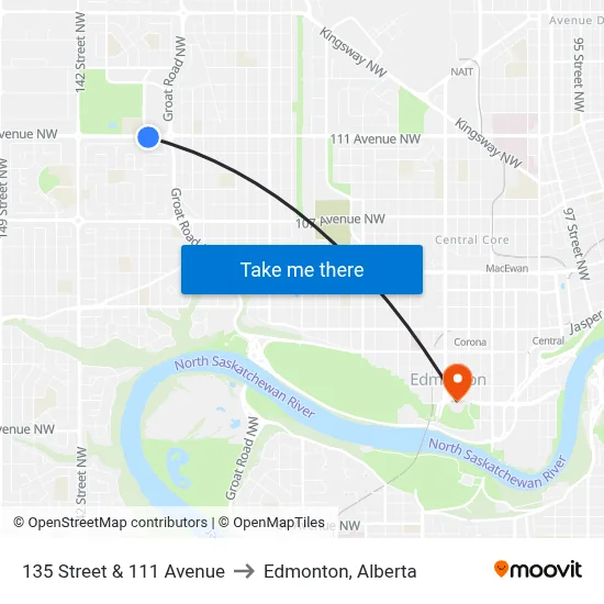 135 Street & 111 Avenue to Edmonton, Alberta map