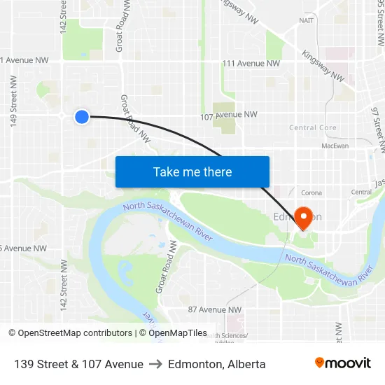 139 Street & 107 Avenue to Edmonton, Alberta map