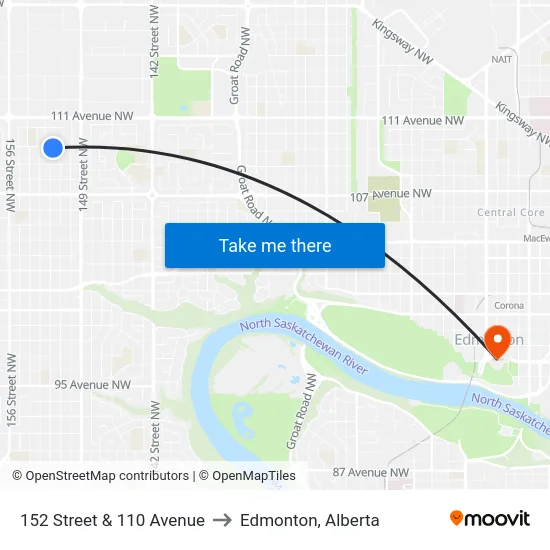 152 Street & 110 Avenue to Edmonton, Alberta map