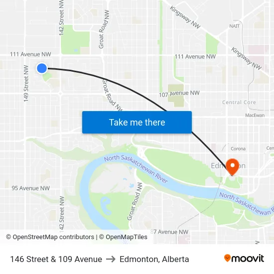 146 Street & 109 Avenue to Edmonton, Alberta map