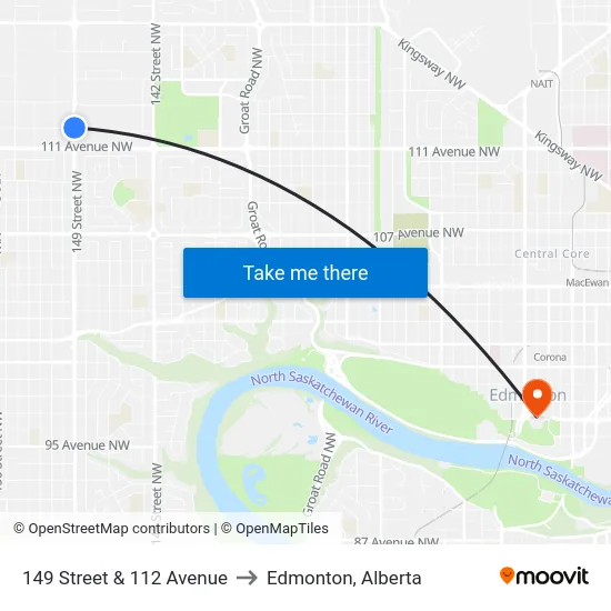 149 Street & 112 Avenue to Edmonton, Alberta map