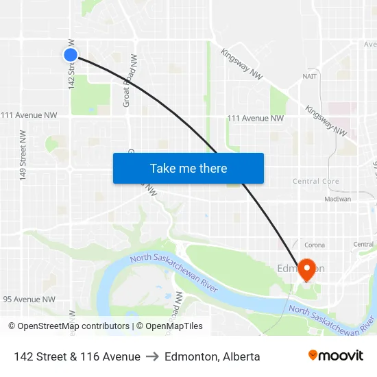 142 Street & 116 Avenue to Edmonton, Alberta map