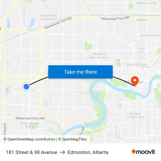 181 Street & 98 Avenue to Edmonton, Alberta map