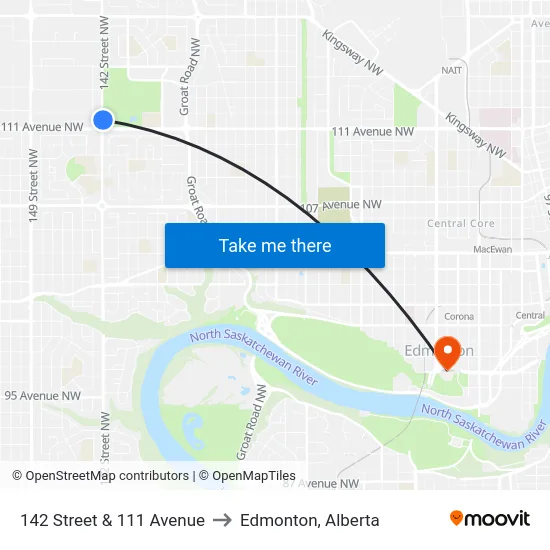 142 Street & 111 Avenue to Edmonton, Alberta map