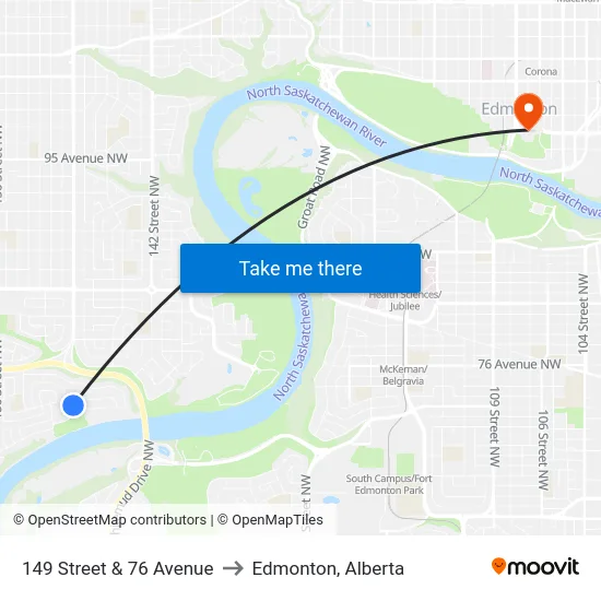 149 Street & 76 Avenue to Edmonton, Alberta map