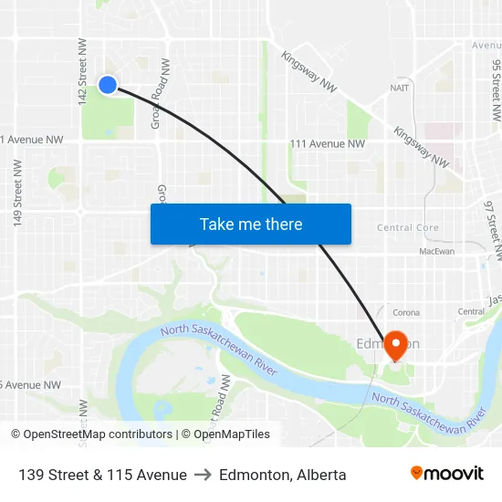 139 Street & 115 Avenue to Edmonton, Alberta map