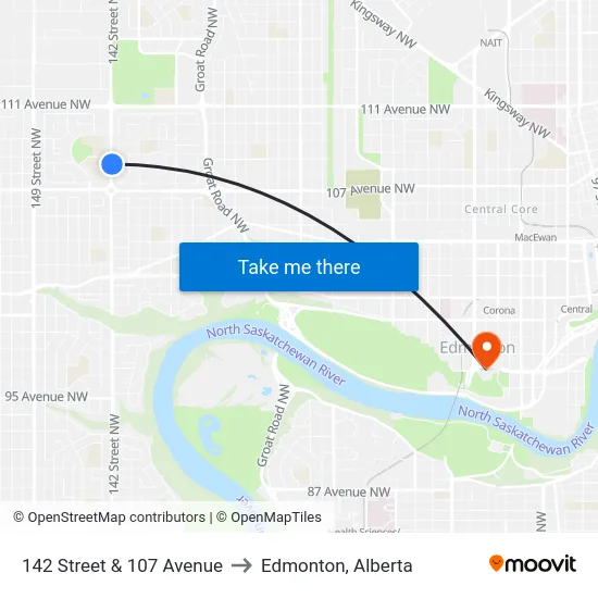 142 Street & 107 Avenue to Edmonton, Alberta map