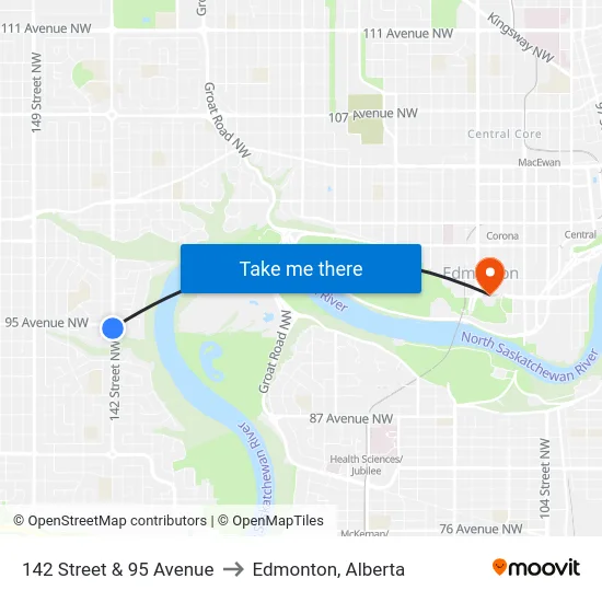 142 Street & 95 Avenue to Edmonton, Alberta map