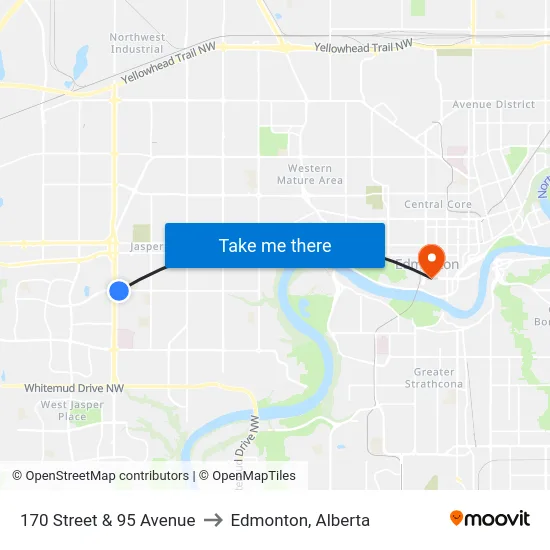 170 Street & 95 Avenue to Edmonton, Alberta map