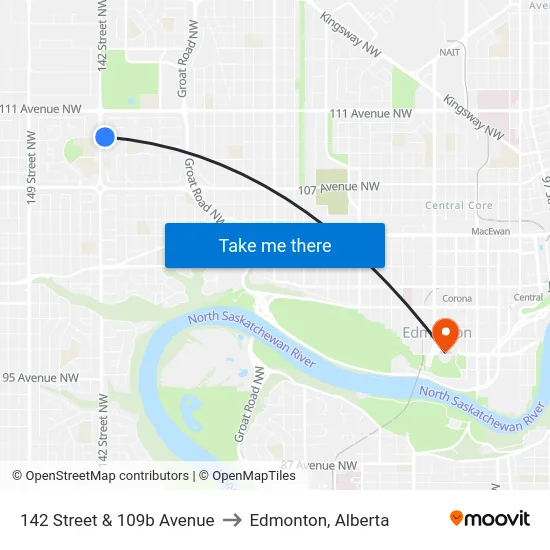 142 Street & 109b Avenue to Edmonton, Alberta map