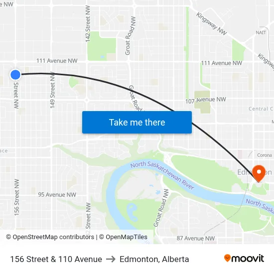 156 Street & 110 Avenue to Edmonton, Alberta map