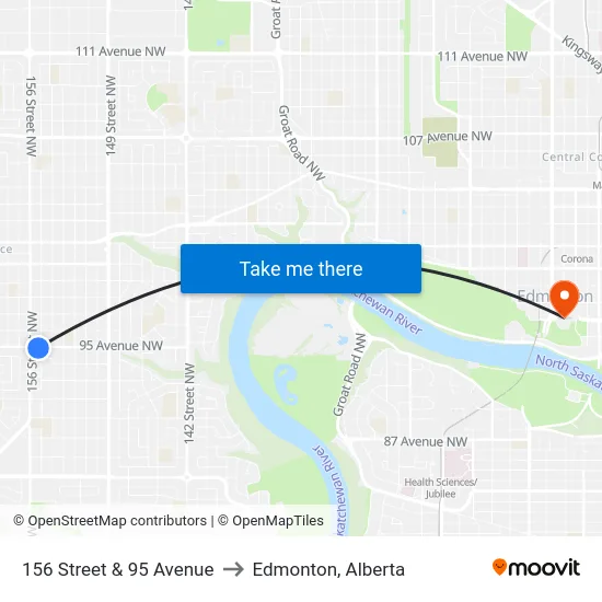 156 Street & 95 Avenue to Edmonton, Alberta map