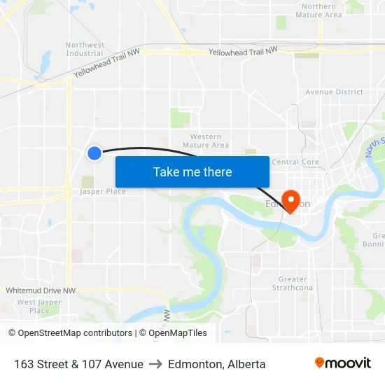 163 Street & 107 Avenue to Edmonton, Alberta map