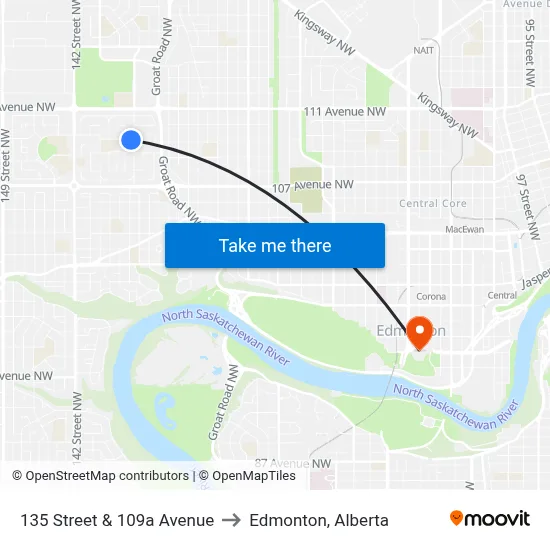 135 Street & 109a Avenue to Edmonton, Alberta map