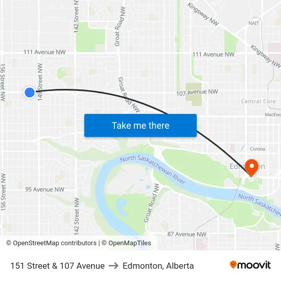 151 Street & 107 Avenue to Edmonton, Alberta map