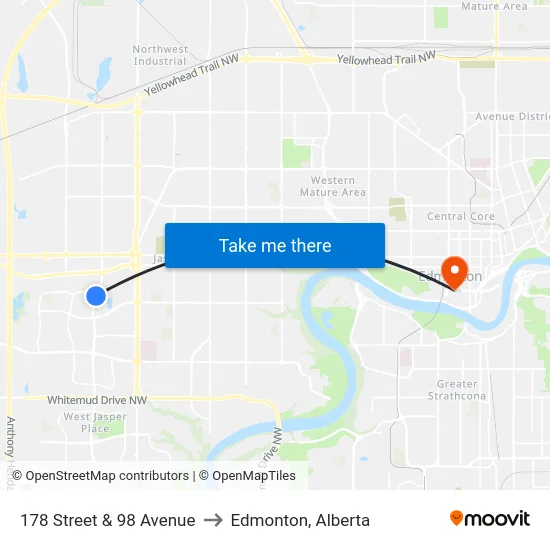 178 Street & 98 Avenue to Edmonton, Alberta map