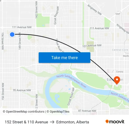 152 Street & 110 Avenue to Edmonton, Alberta map