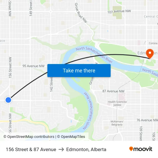 156 Street & 87 Avenue to Edmonton, Alberta map