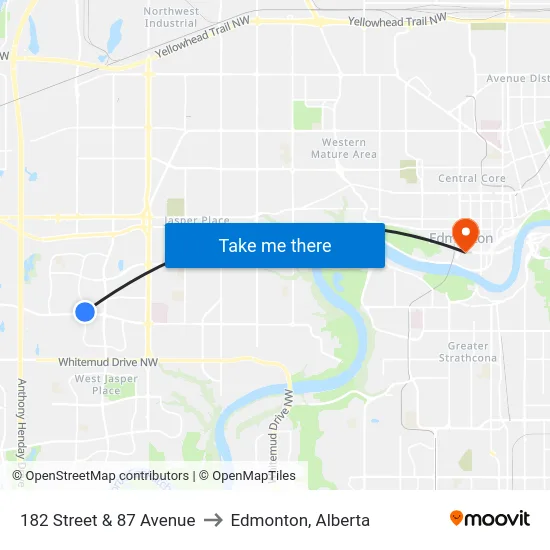 182 Street & 87 Avenue to Edmonton, Alberta map