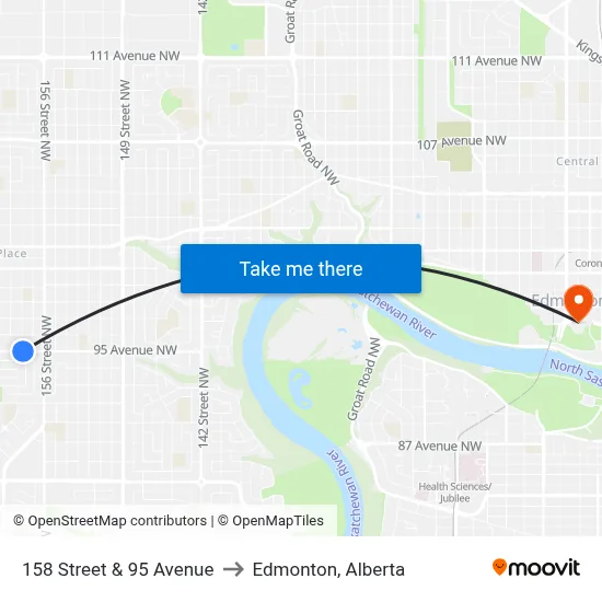 158 Street & 95 Avenue to Edmonton, Alberta map