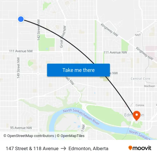 147 Street & 118 Avenue to Edmonton, Alberta map