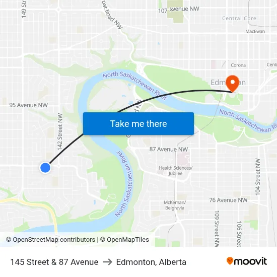 145 Street & 87 Avenue to Edmonton, Alberta map