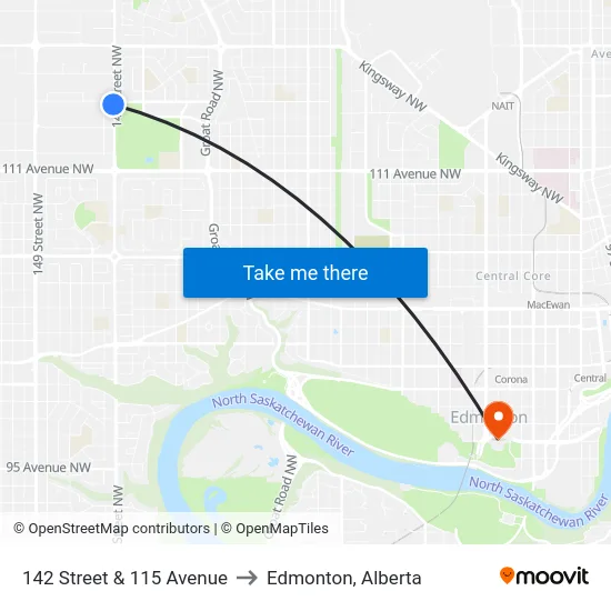 142 Street & 115 Avenue to Edmonton, Alberta map