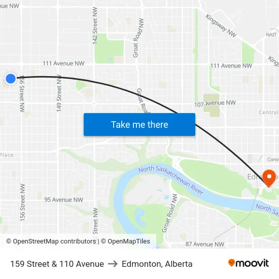 159 Street & 110 Avenue to Edmonton, Alberta map