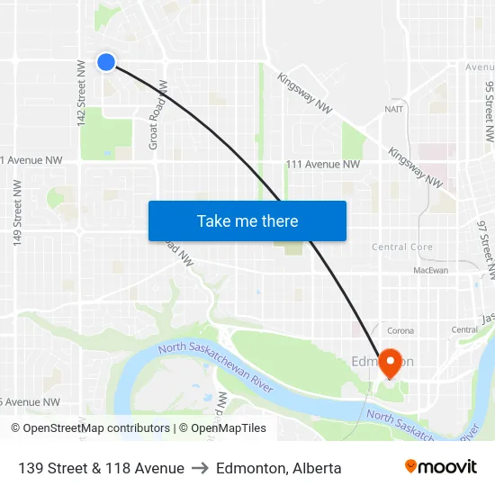 139 Street & 118 Avenue to Edmonton, Alberta map