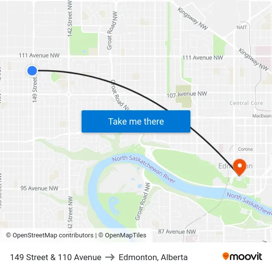 149 Street & 110 Avenue to Edmonton, Alberta map