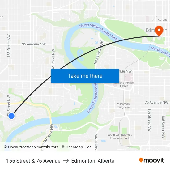 155 Street & 76 Avenue to Edmonton, Alberta map