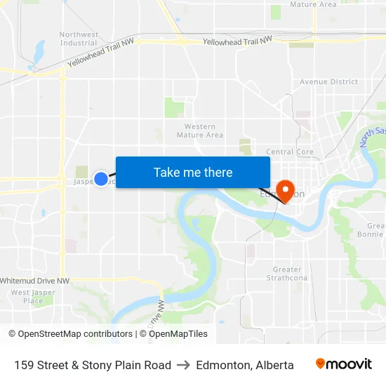 159 Street & Stony Plain Road to Edmonton, Alberta map