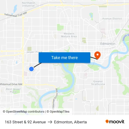 163 Street & 92 Avenue to Edmonton, Alberta map