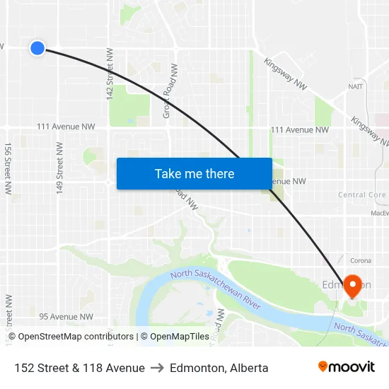 152 Street & 118 Avenue to Edmonton, Alberta map