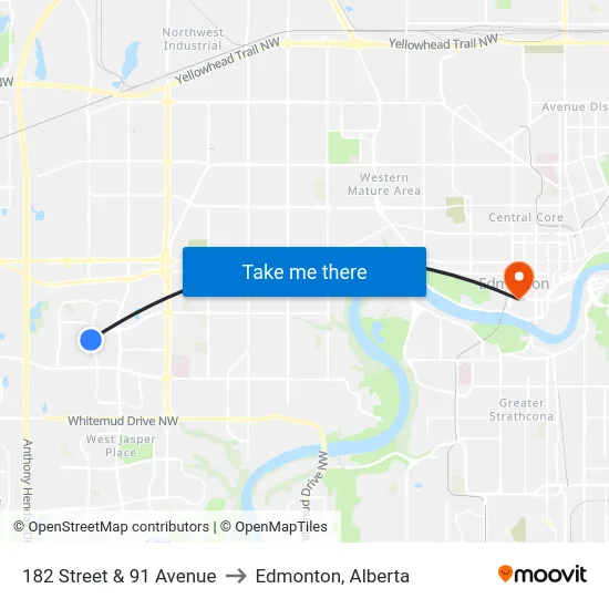182 Street & 91 Avenue to Edmonton, Alberta map