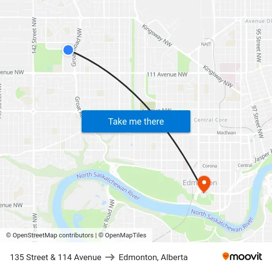 135 Street & 114 Avenue to Edmonton, Alberta map