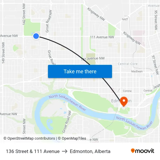136 Street & 111 Avenue to Edmonton, Alberta map