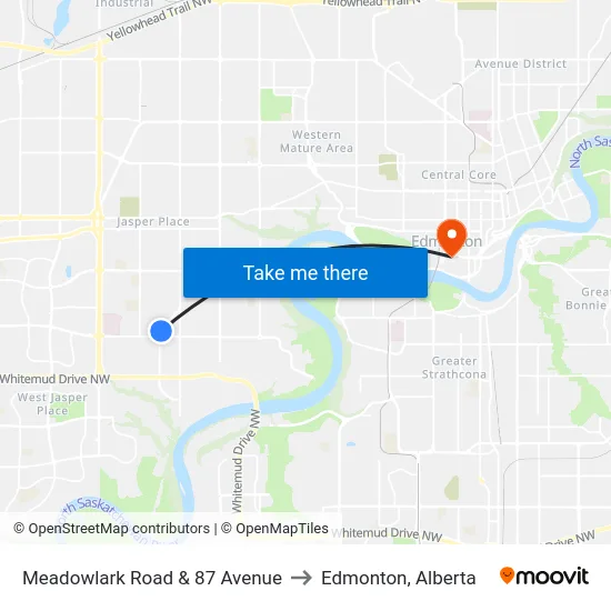 Meadowlark Road & 87 Avenue to Edmonton, Alberta map