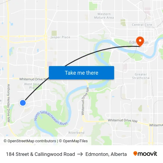 184 Street & Callingwood Road to Edmonton, Alberta map