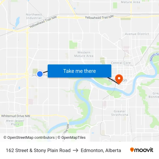162 Street & Stony Plain Road to Edmonton, Alberta map