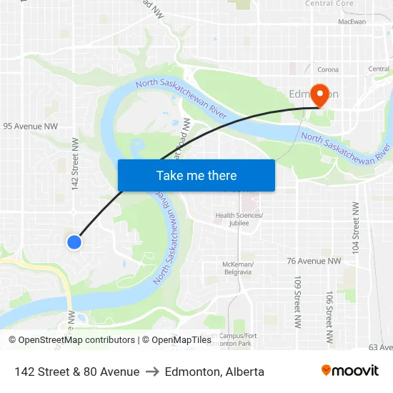 142 Street & 80 Avenue to Edmonton, Alberta map