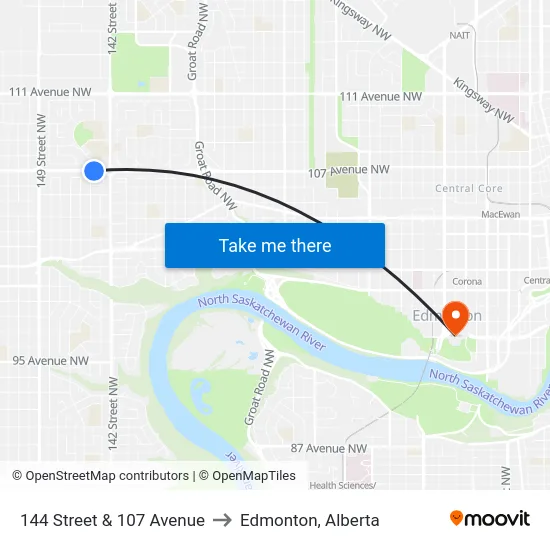 144 Street & 107 Avenue to Edmonton, Alberta map