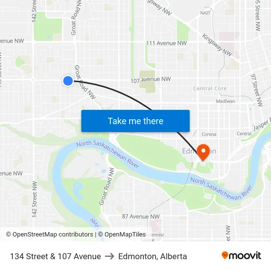 134 Street & 107 Avenue to Edmonton, Alberta map