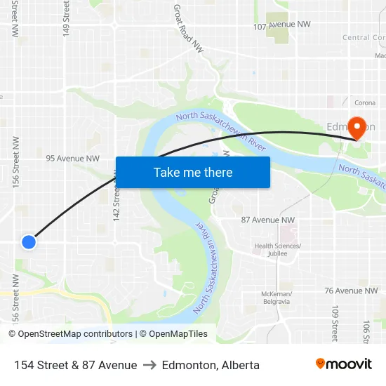 154 Street & 87 Avenue to Edmonton, Alberta map
