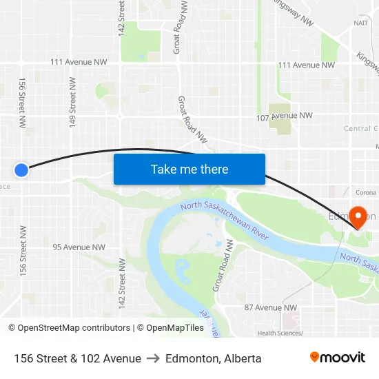 156 Street & 102 Avenue to Edmonton, Alberta map